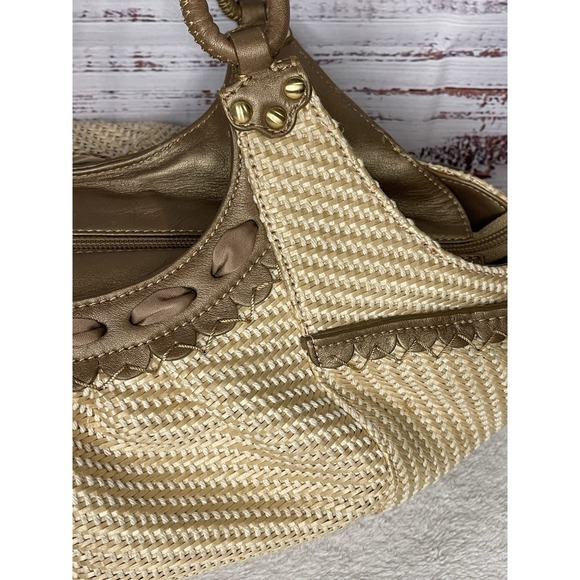 Cole Haan Sarah Bronze Straw Satchel Bag Boho Chic Beach Purse Woven Tote - Picture 3 of 9